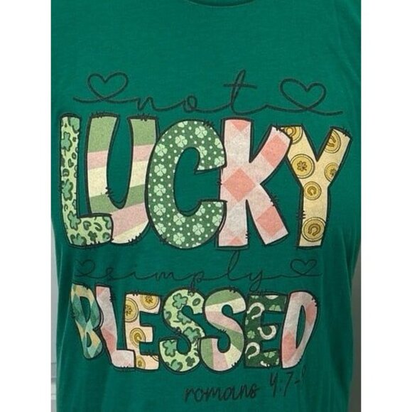 Bella Canvas Women’s Short Sleeve Graphic Tee Not Lucky Simply Blessed Green L - Picture 2 of 9